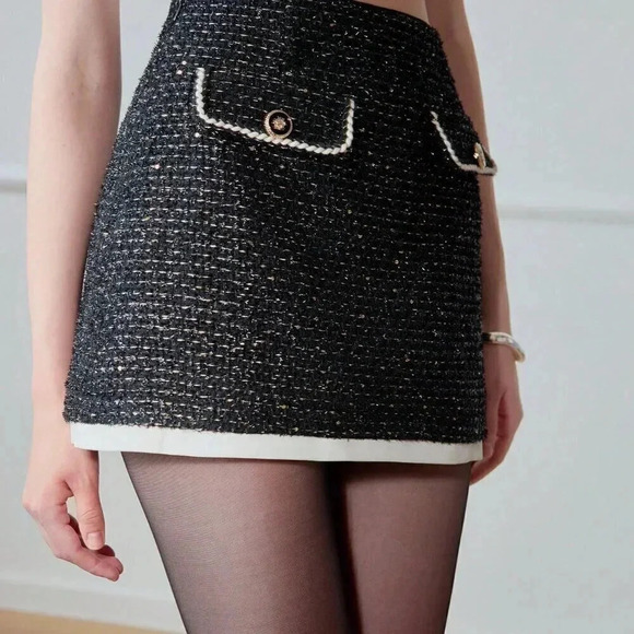 Black Elegant Women's Contrast Binding Flap Detail Skirt - Picture 8 of 8